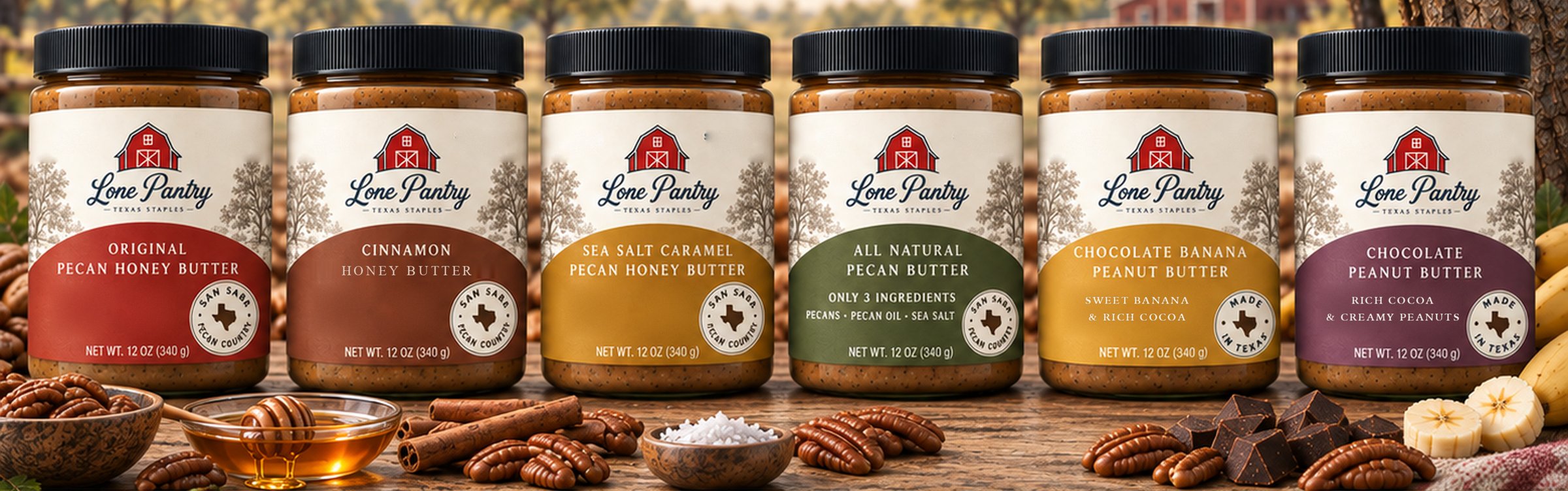 The Lone Pantry family of six butters on a table in Texas pecan country
