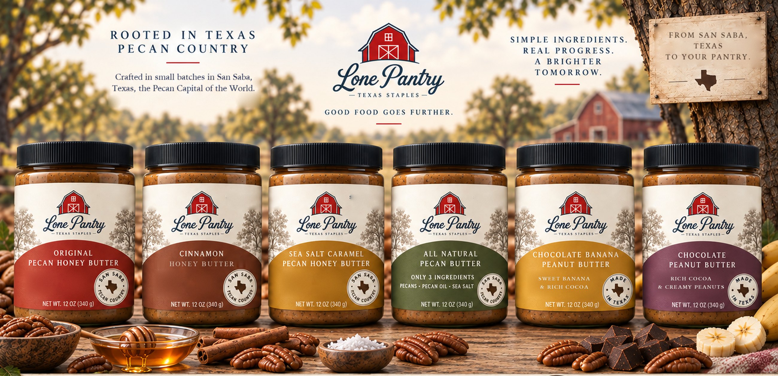 The Lone Pantry family of butters on a table in Texas pecan country