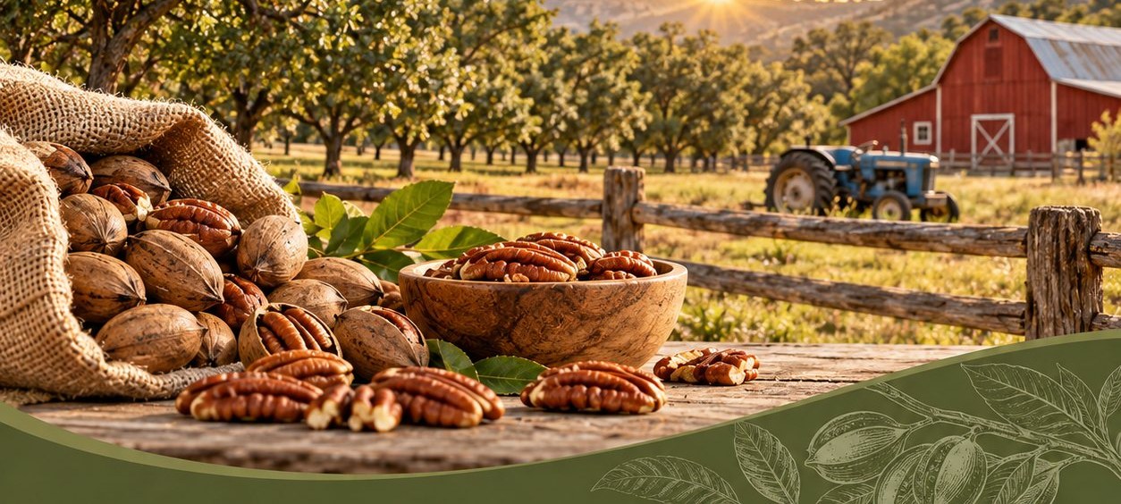 A pecan orchard and red barn in Texas
