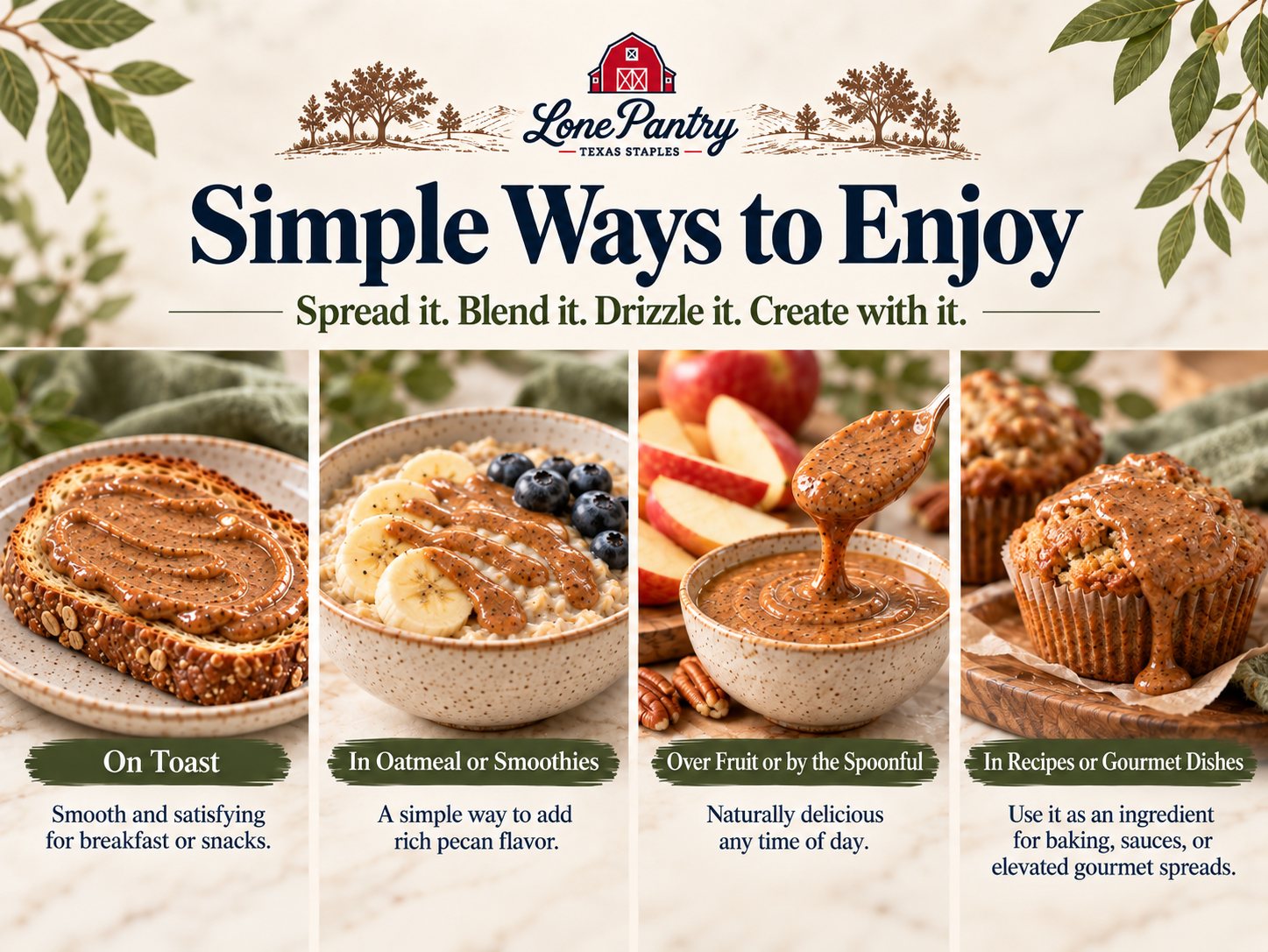 Simple ways to enjoy Lone Pantry: on toast, in oatmeal, over fruit and in baking